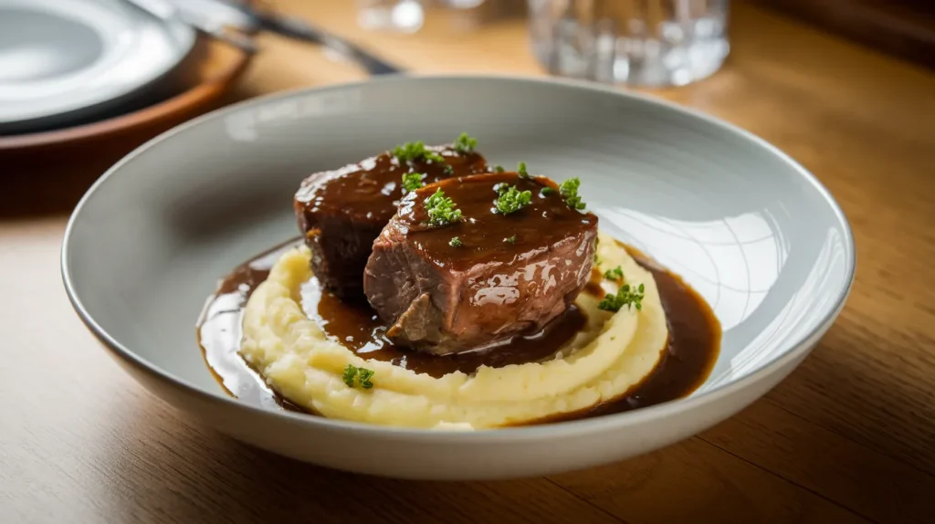 Vibrant Beef Cheeks on white dish