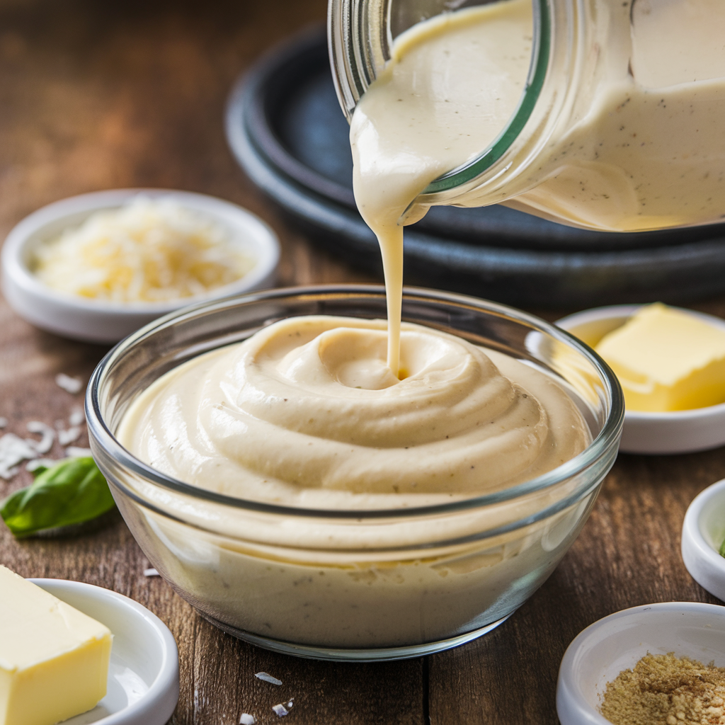 Jar Alfredo sauce being poured into a glass bowl, surrounded by Parmesan, butter, garlic, and nutmeg on a rustic table