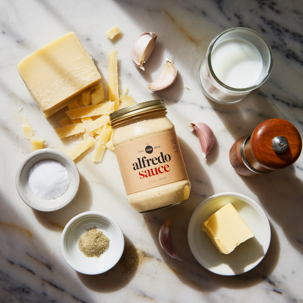 Key ingredients for Alfredo sauce, including Parmesan, butter, garlic, nutmeg, and a jar of Alfredo sauce, displayed on a marble surface