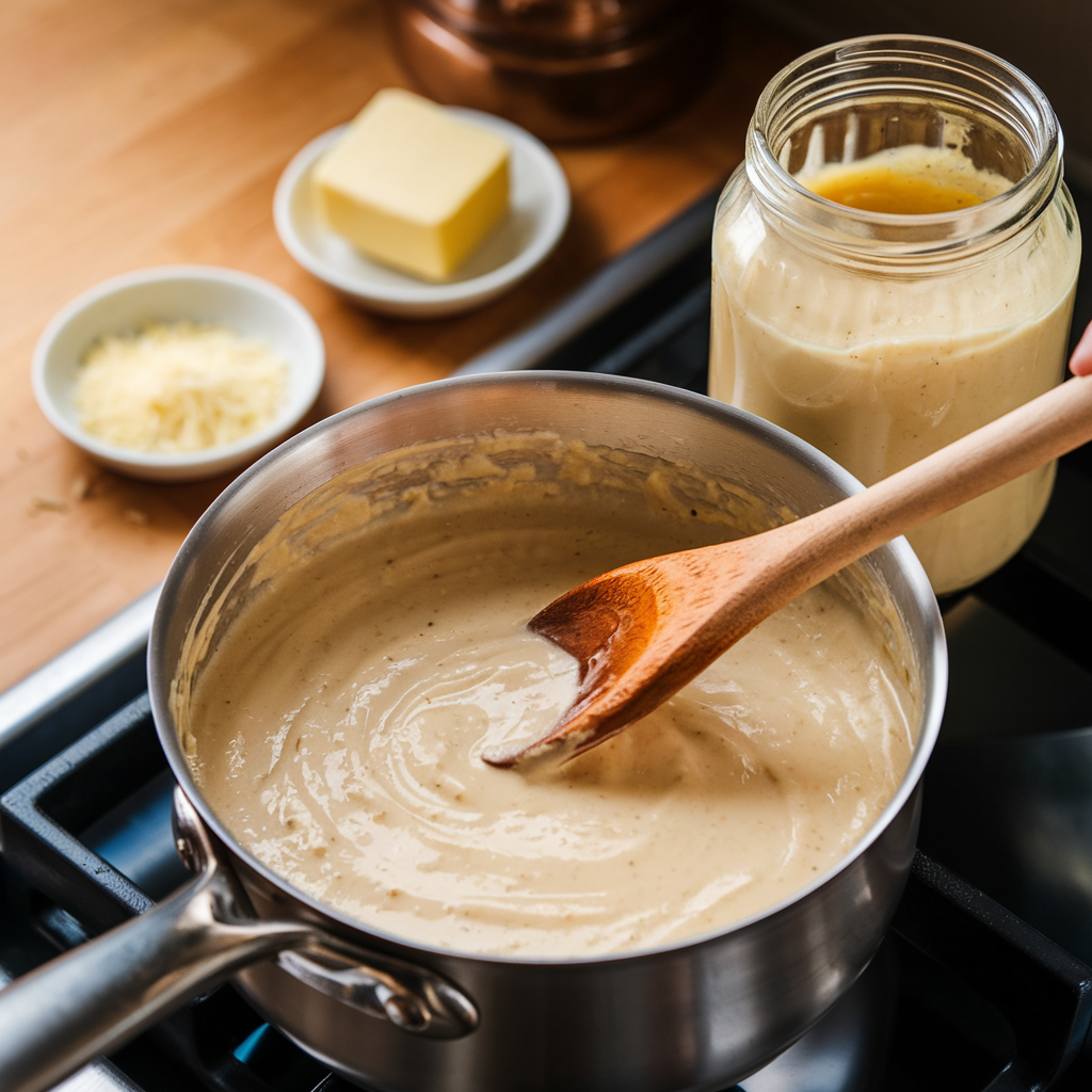 Jar Alfredo sauce being stirred in a saucepan with garlic, butter, and Parmesan on a nearby counter.