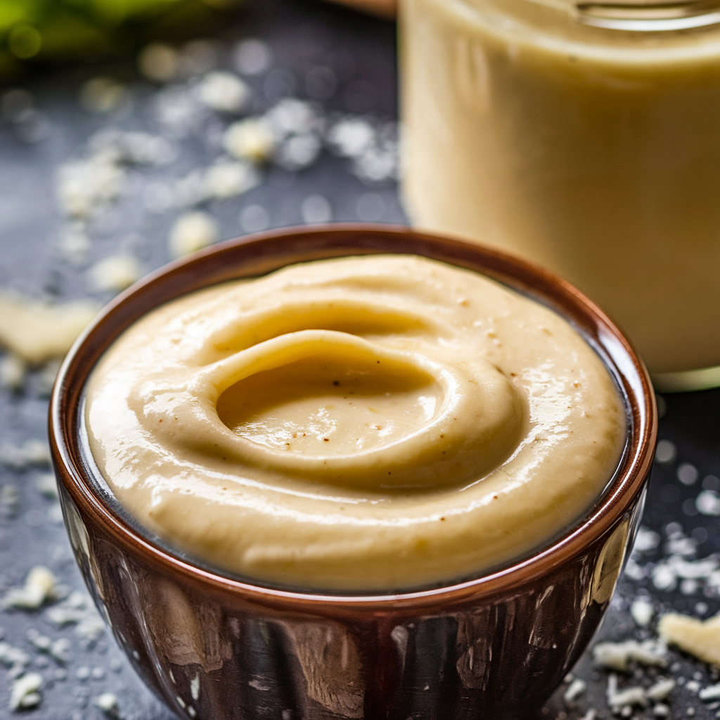 Close-up of creamy Alfredo sauce in a bowl with flecks of seasoning, and a jar of Alfredo sauce blurred in the background