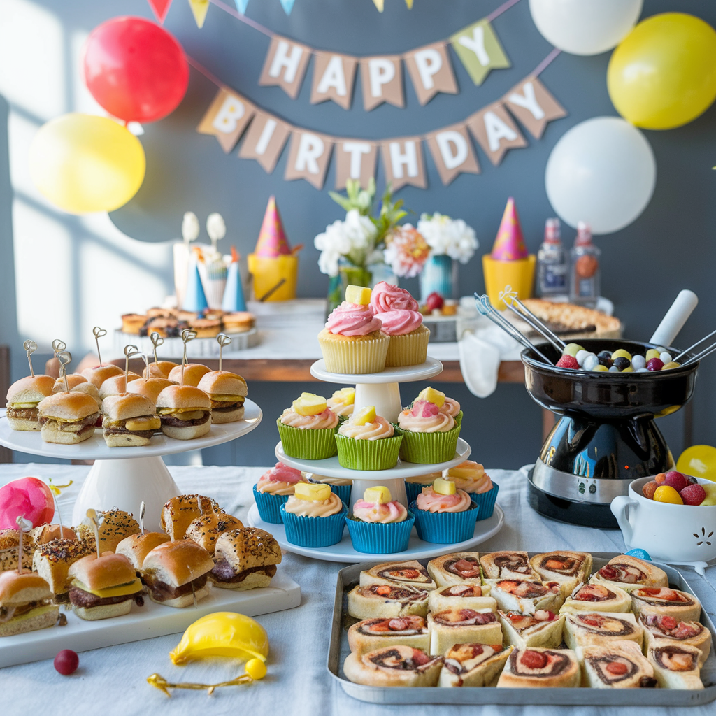 A birthday party food spread with sliders, pizza pinwheels, cupcakes, and a chocolate fondue station, surrounded by festive decorations