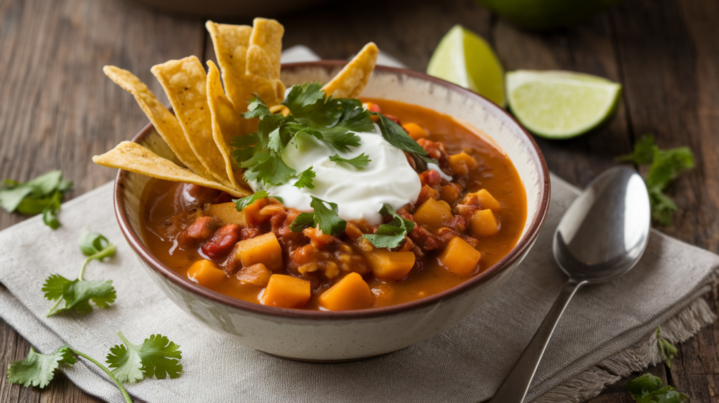 A bowl of butternut squash chili with toppings like sour cream, cilantro, and tortilla strips, next to lime wedges