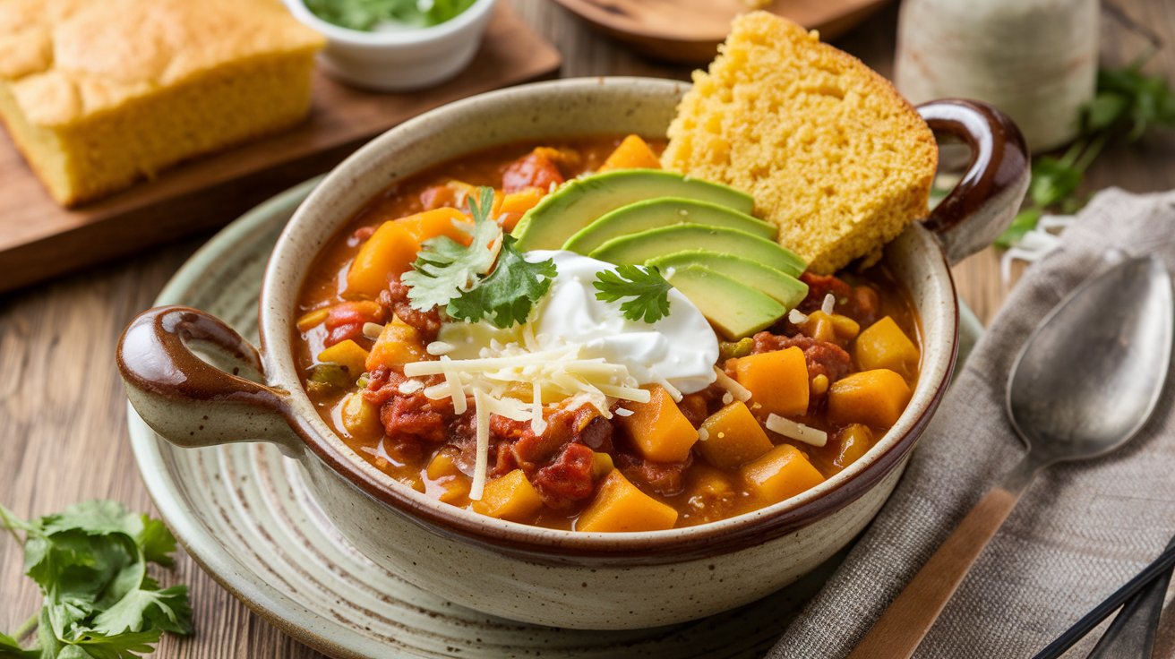 A bowl of butternut squash chili topped with sour cream, avocado, cilantro, and cheese, with cornbread on the side.