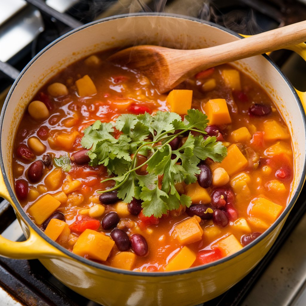 Butternut squash chili simmering in a pot with visible squash chunks, beans, and tomatoes.