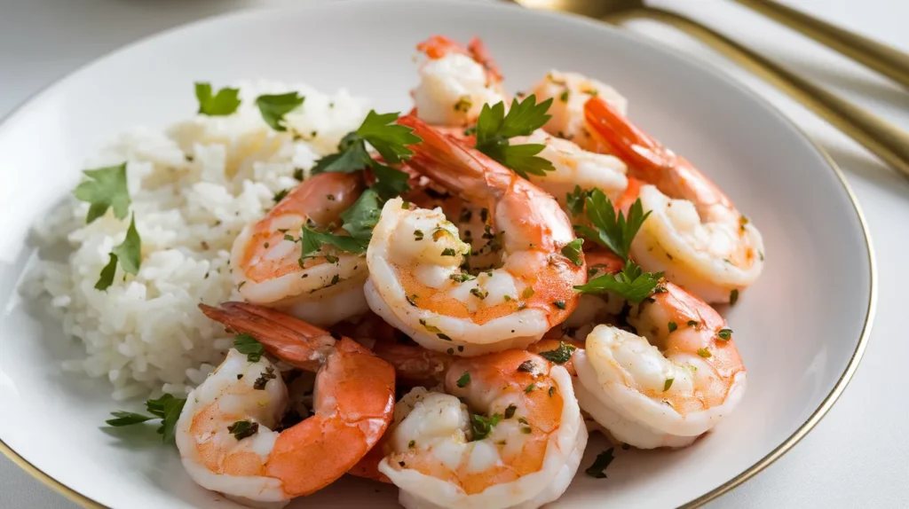 Camarones cooked with garlic, rice