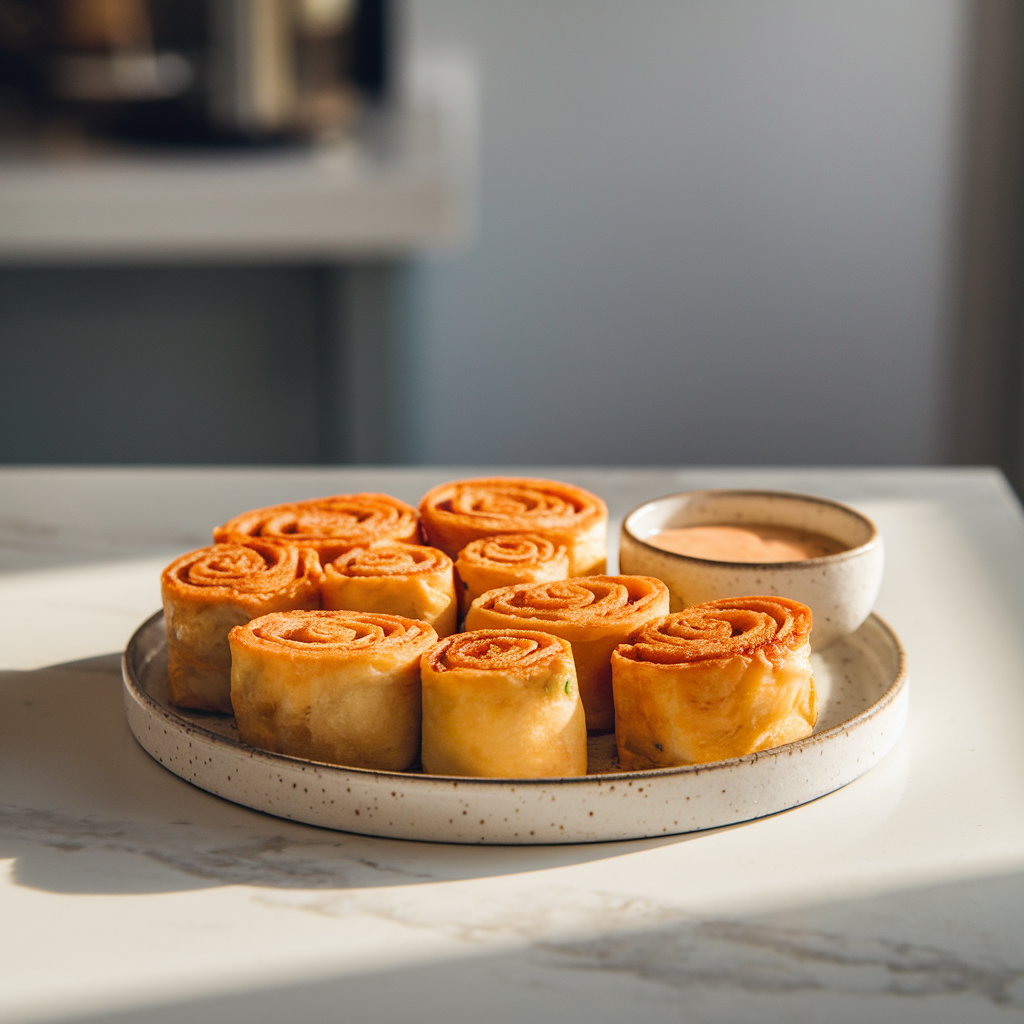 Golden brown cheese rolls served on a white ceramic plate, garnished with parsley and a side of dipping sauce on a marble countertop