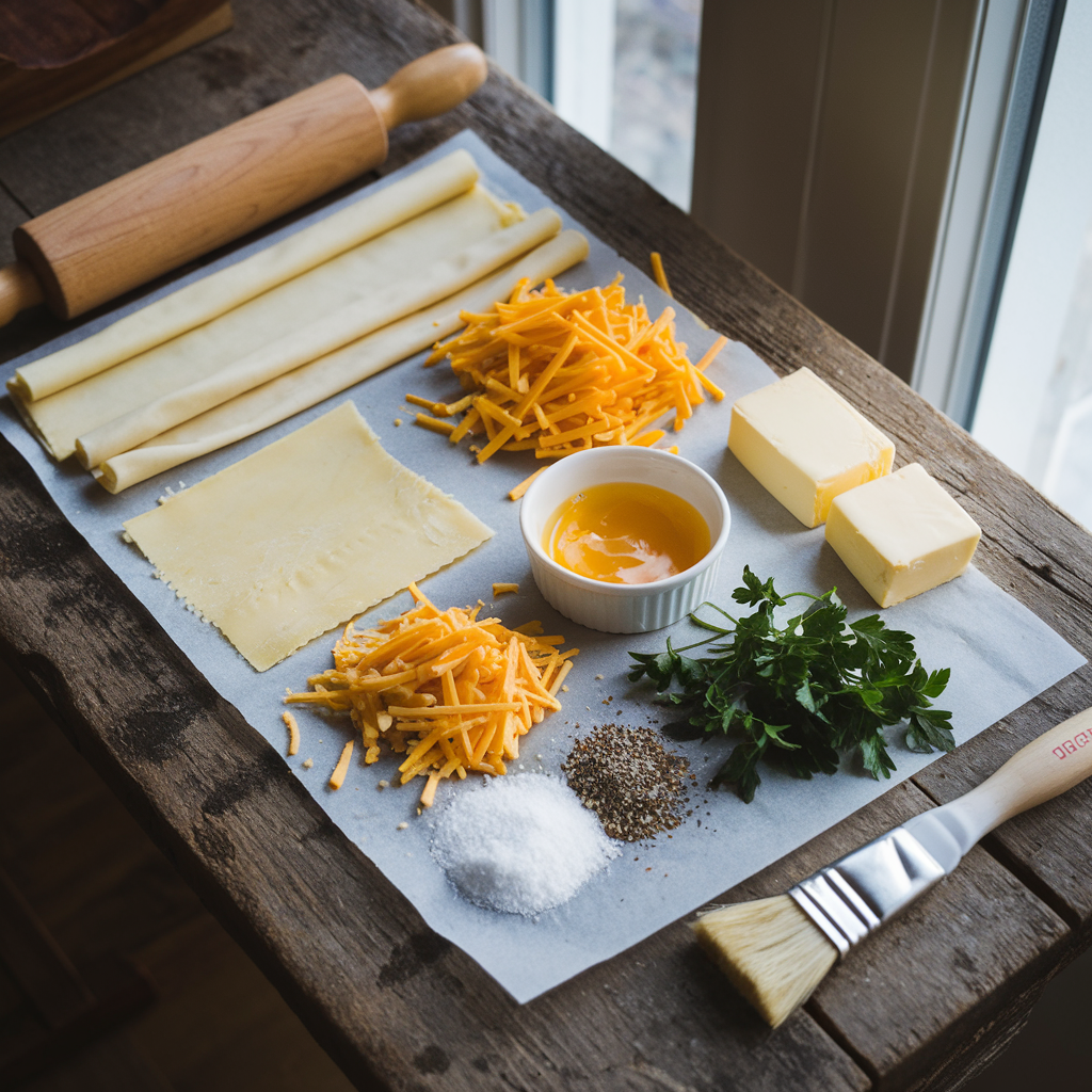 Ingredients for cheese rolls arranged on a rustic wooden table, including grated cheddar cheese, pastry sheets, butter, egg wash, and seasoning