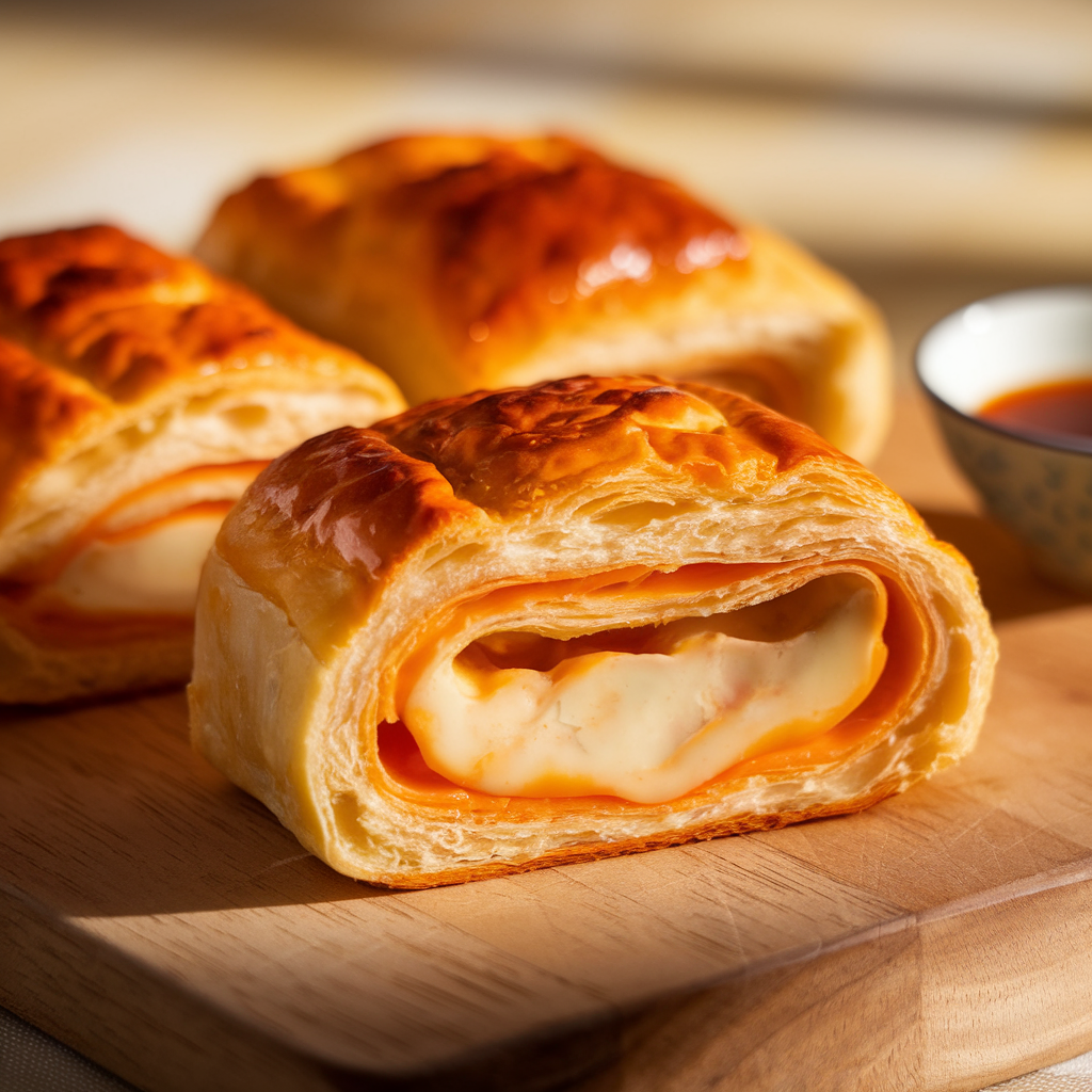 Close-up of a sliced cheese roll with melted cheese filling on a wooden cutting board, garnished