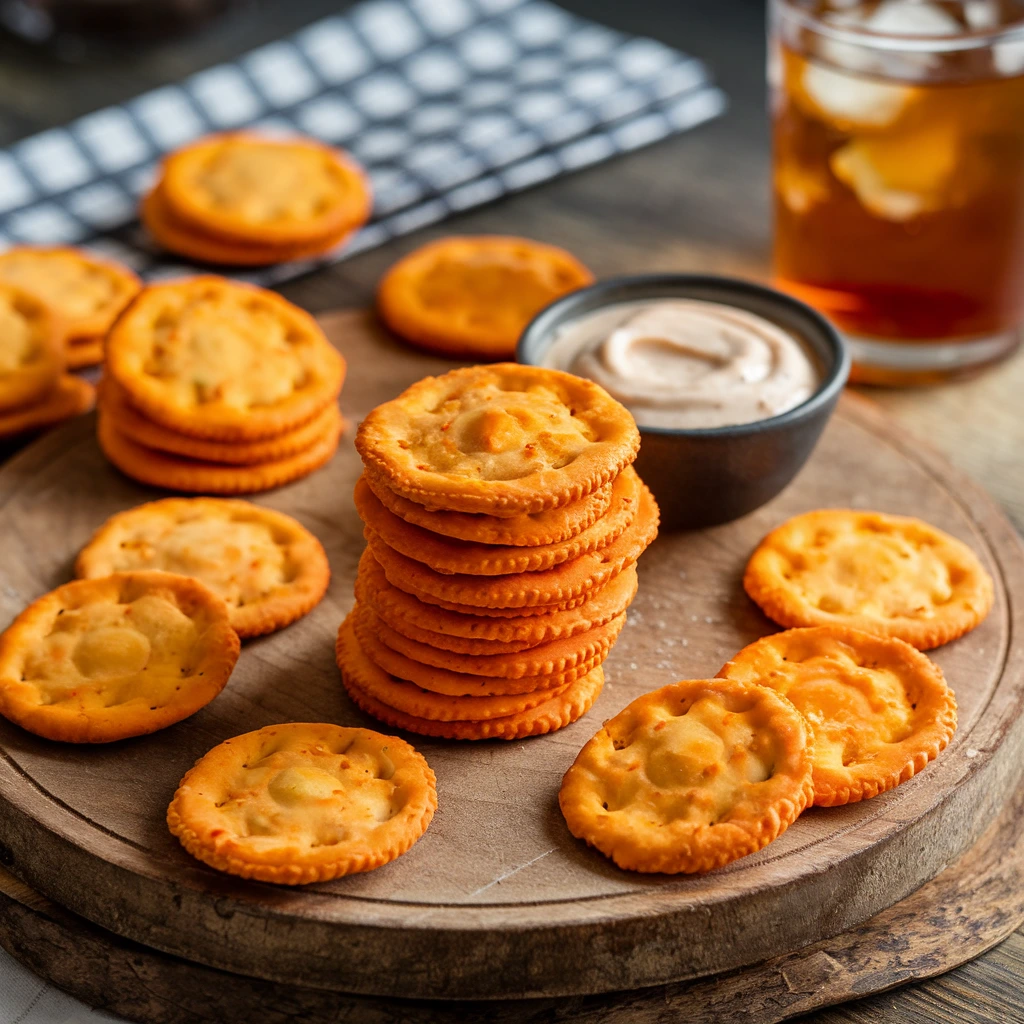 Baked cheese crackers stacked on a wooden board, served with a small bowl of dipping sauce