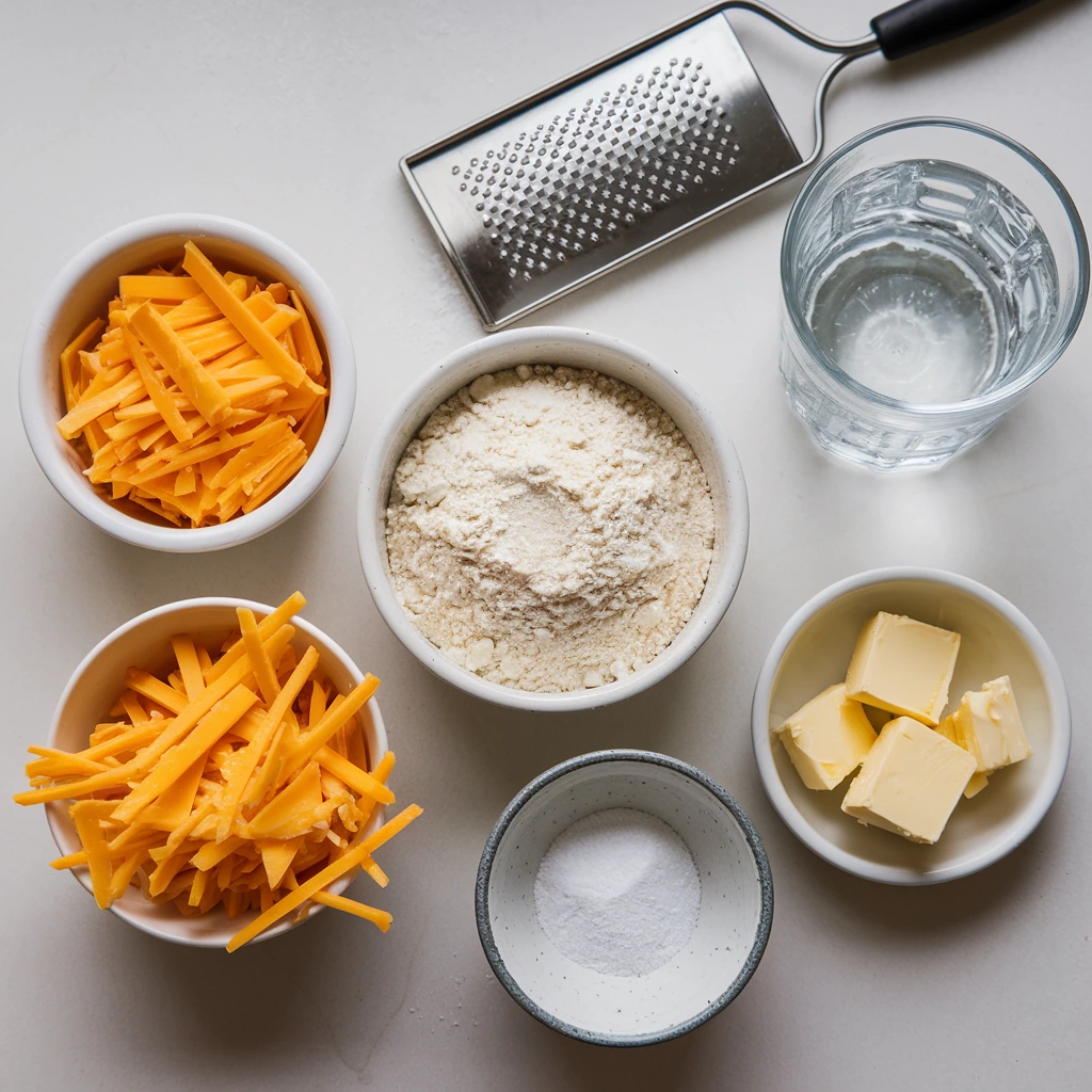 Ingredients for cheese crackers, including shredded cheddar, flour, cubed butter, salt, and cold water, arranged neatly