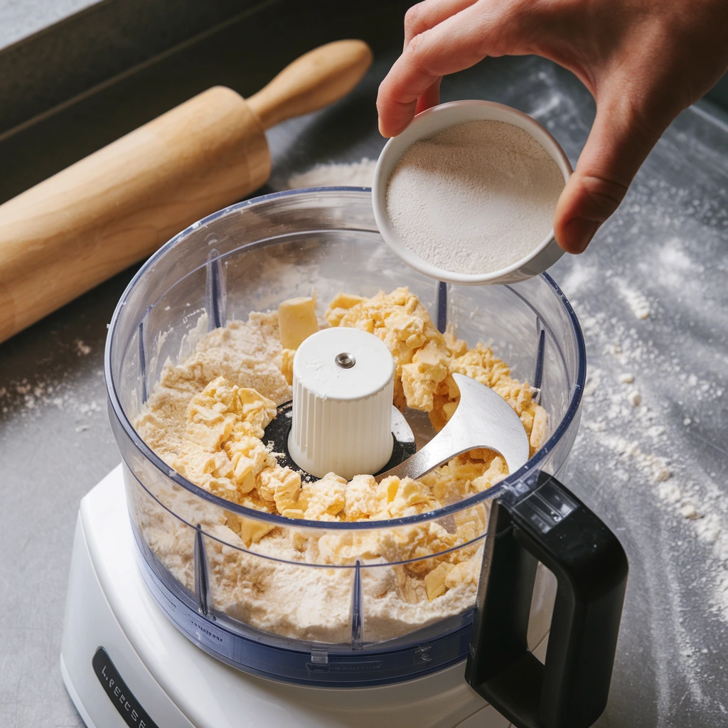 A food processor blending cheese, flour, and butter, with a hand adding cold water to the mixture