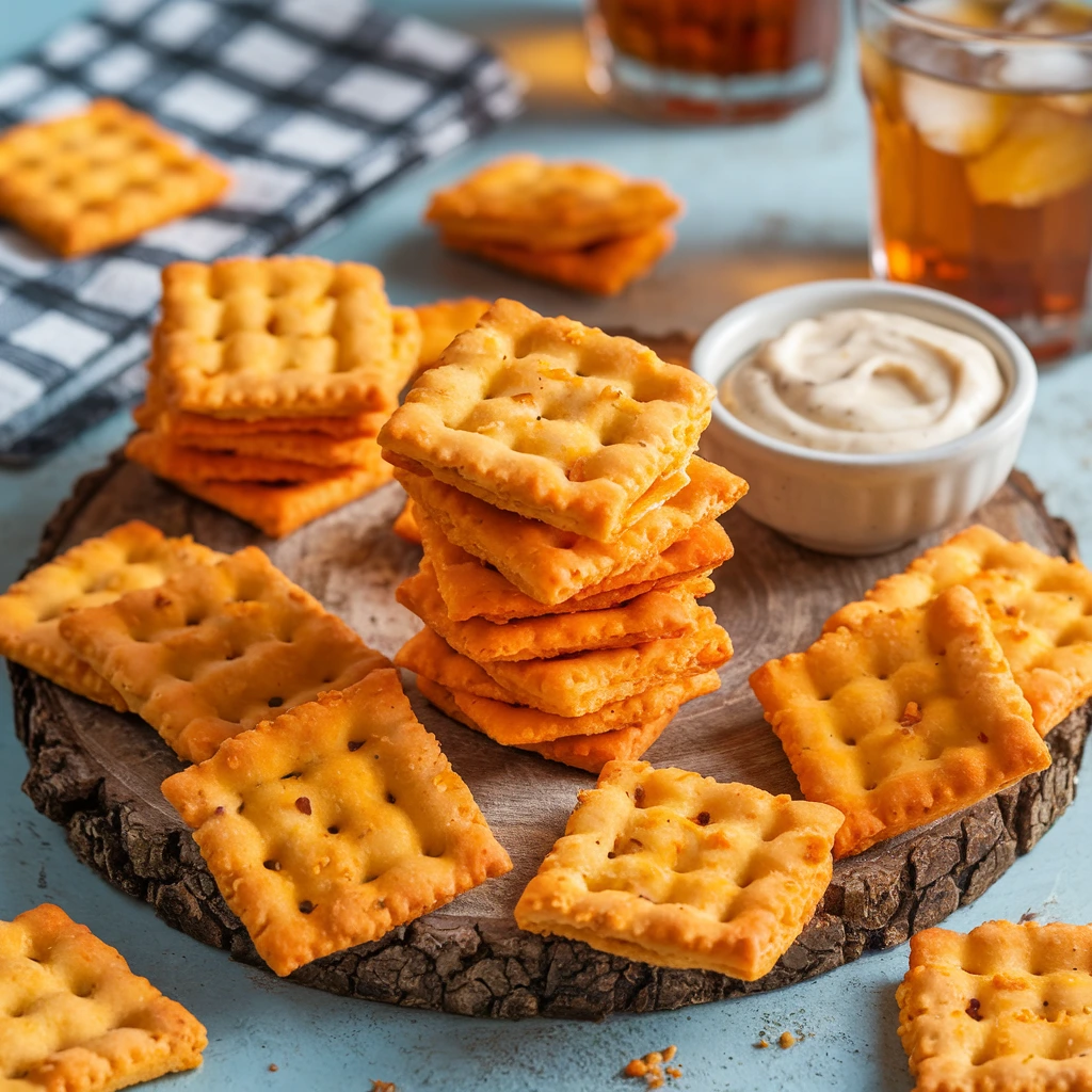 Close-up of crispy cheese crackers, highlighting their golden edges and flaky texture