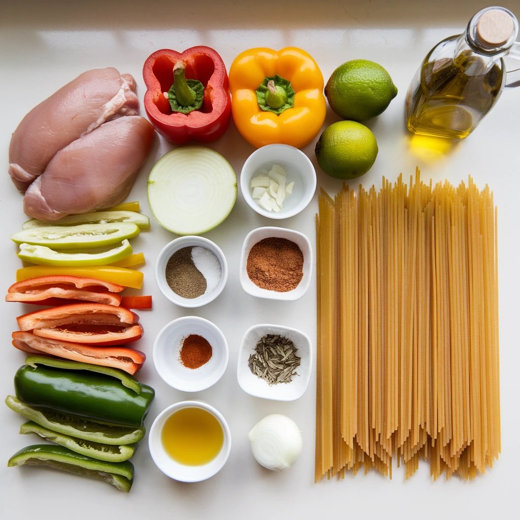 Ingredients for Chicken Fajita Pasta, including raw chicken, peppers, onions, penne pasta, and fajita spices, arranged neatly