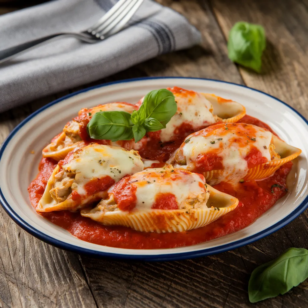 Close-up of chicken stuffed shells highlighting the creamy filling, melted cheese, and vibrant marinara sauce