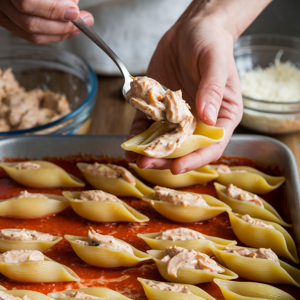 Hands filling jumbo pasta shells with chicken and cheese mixture in a baking dish during the preparation of chicken stuffed shells.