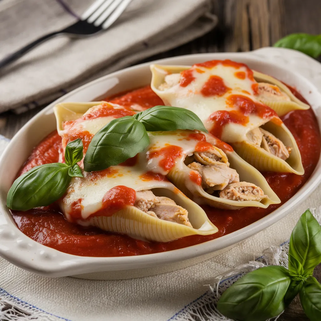 Finished chicken stuffed shells served on a white plate, topped with marinara sauce, melted cheese, and garnished with fresh basil.