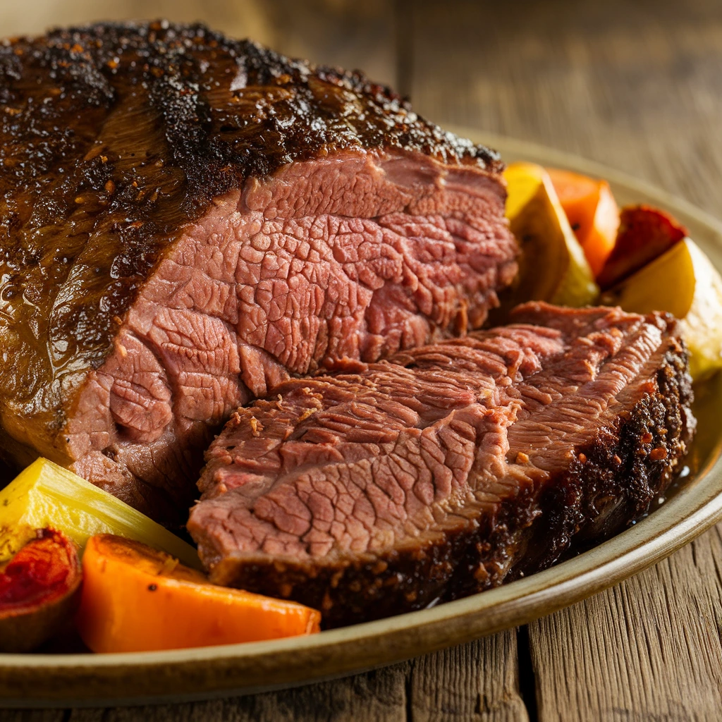 Close-up of a tender chuck roast slice with caramelized crust and roasted vegetables