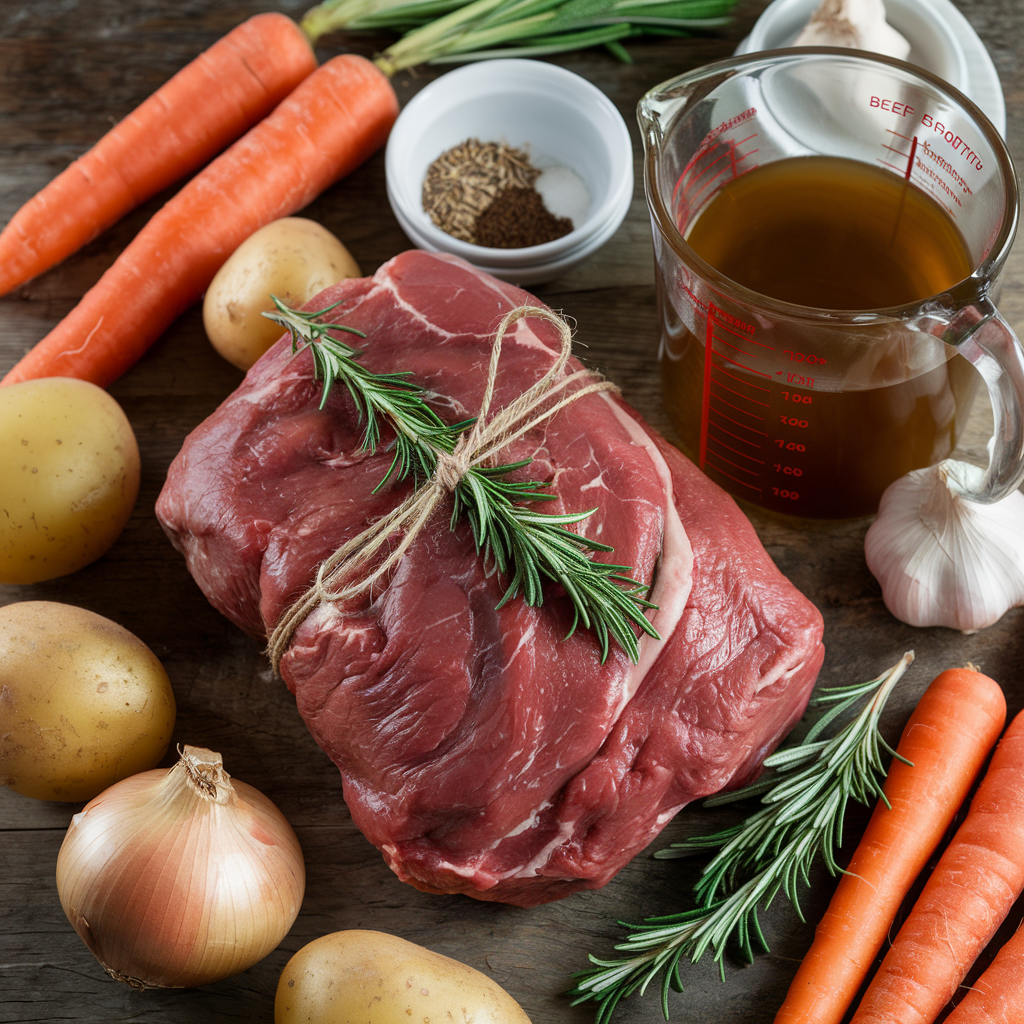 Ingredients for chuck roast displayed on a rustic wooden surface, including raw meat, vegetables, and seasonings