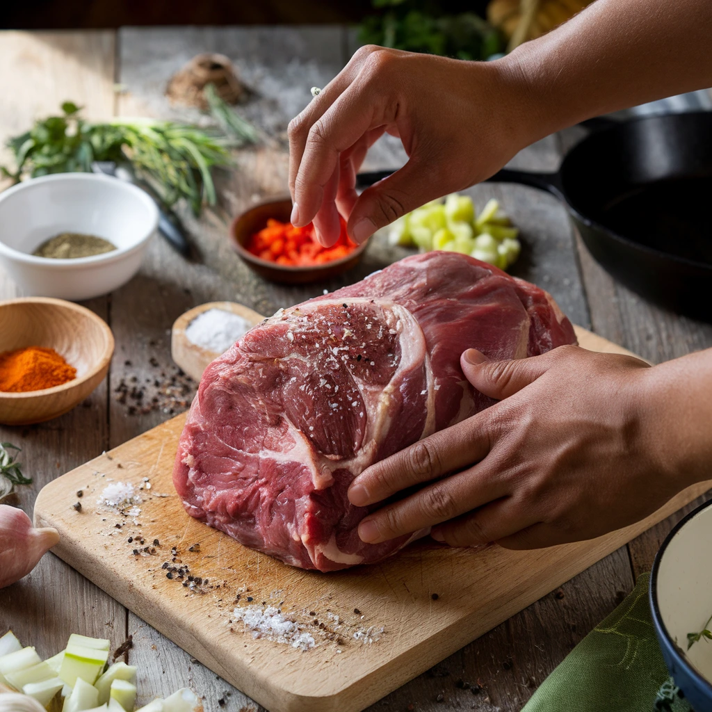 Hands seasoning a raw chuck roast on a cutting board, surrounded by vegetables and spices