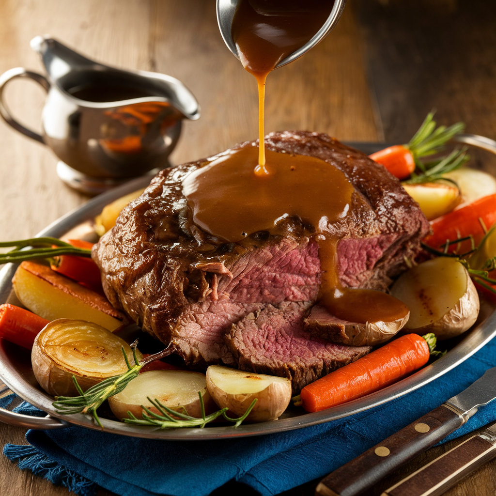 Perfectly cooked chuck roast on a platter with roasted vegetables and gravy.