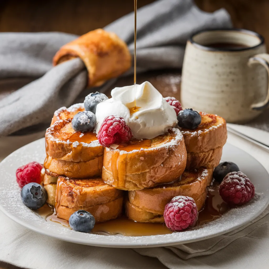 A plate of Cinnamon Roll French Toast with maple syrup, powdered sugar, fresh berries, and whipped cream.