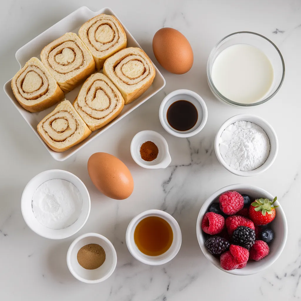 Ingredients for Cinnamon Roll French Toast arranged on a white marble countertop, including sliced cinnamon rolls, eggs, milk, spices, and garnishes