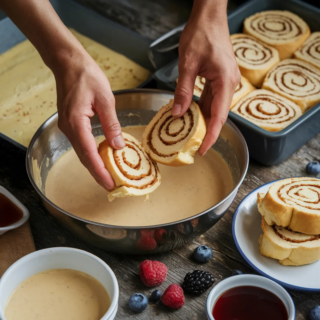 Hands dipping sliced cinnamon rolls into custard during the preparation of Cinnamon Roll French Toast