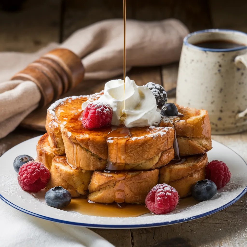 Close-up of Cinnamon Roll French Toast with caramelized edges, maple syrup drizzle, powdered sugar, and fresh berries