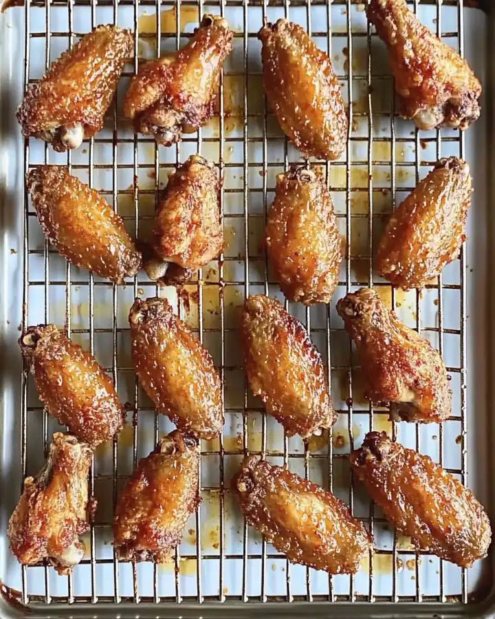 Crispy Baked Chicken Wings – Easy, Delicious, and Game-Day Ready 3 Crispy baked chicken wings on a rack with caramelized sauce.