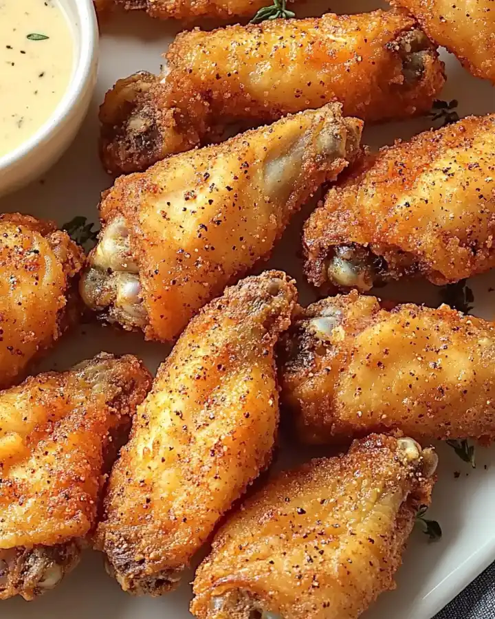 Crispy Baked Chicken Wings – Easy, Delicious, and Game-Day Ready 2 Spicy seasoned chicken wings served with dipping sauce.