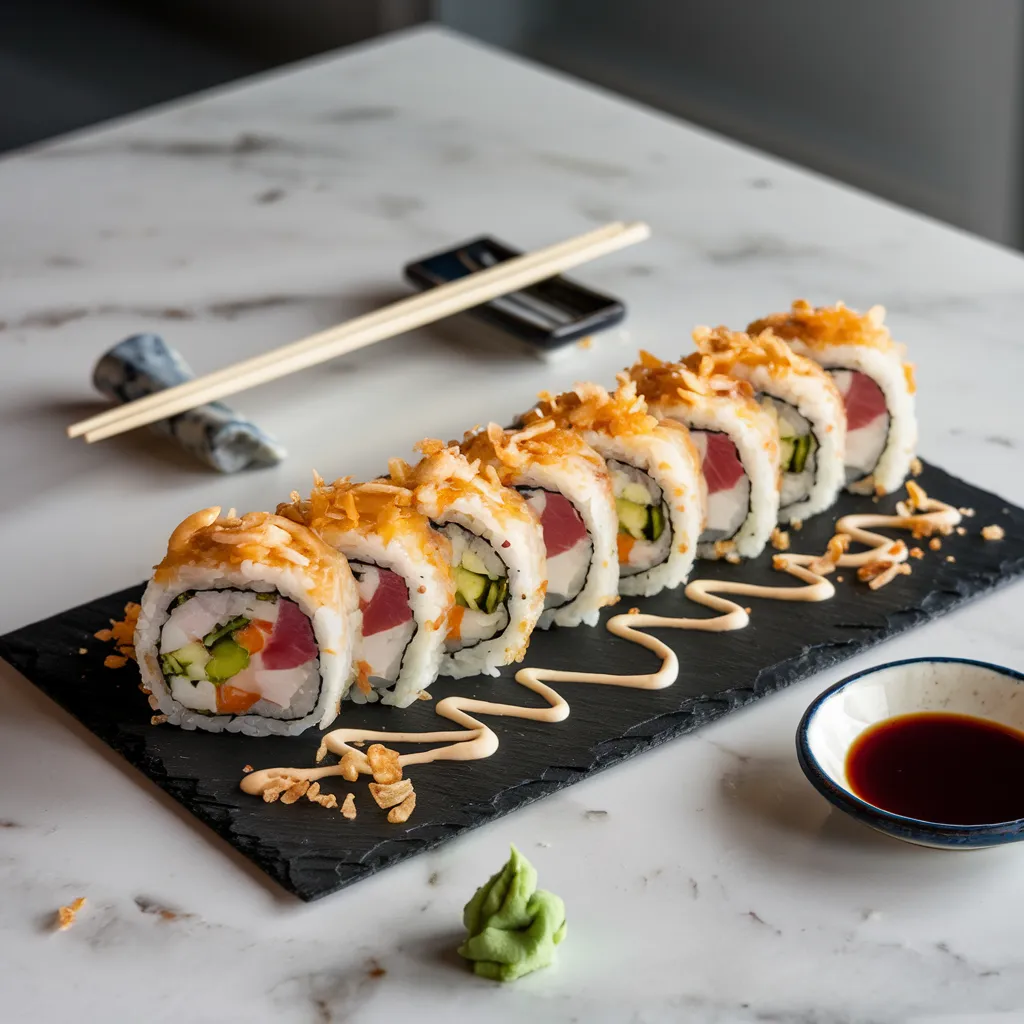 Close-up of a Crunchy Roll, highlighting its crispy coating, avocado, and spicy mayo drizzle