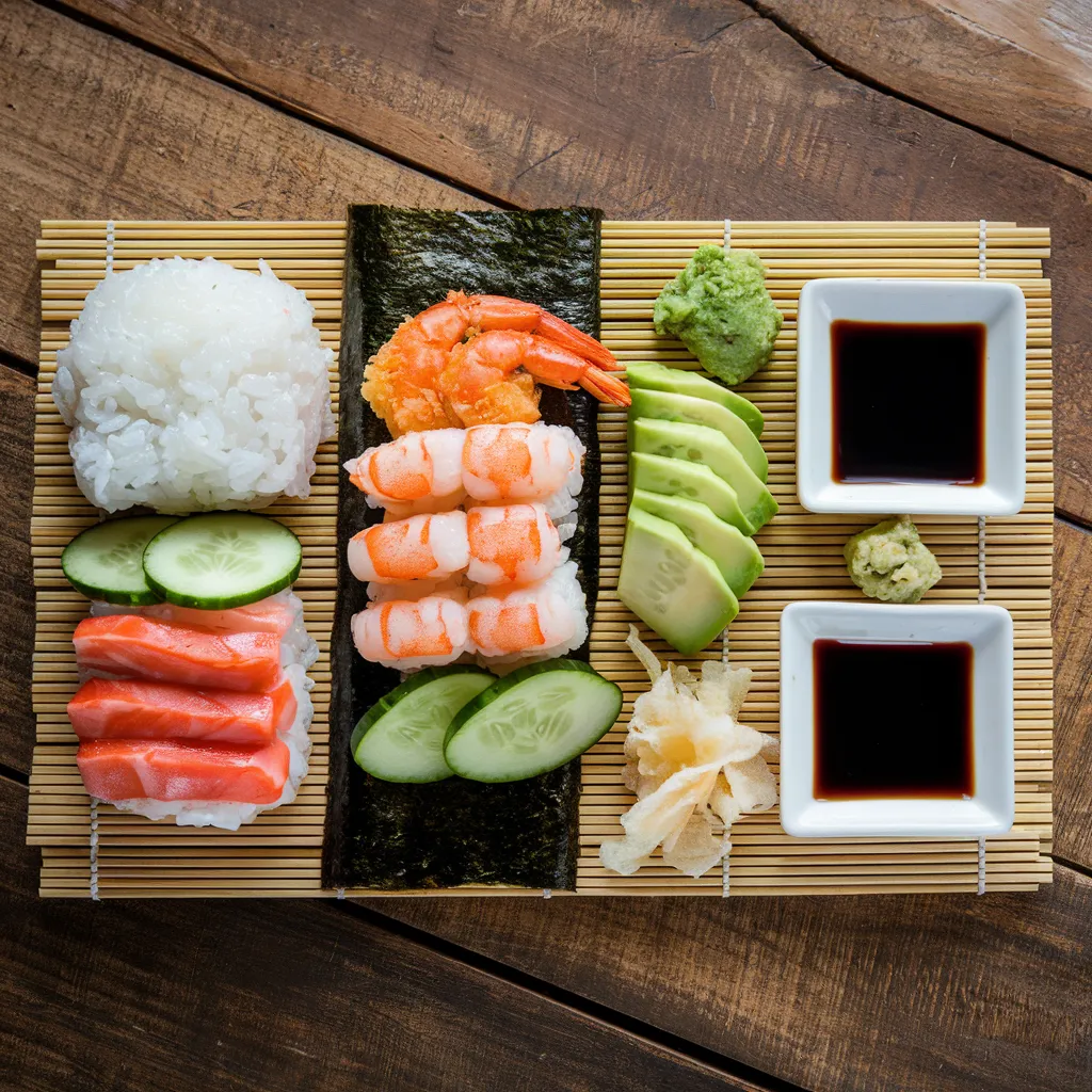 All ingredients for a Crunchy Roll, including sushi rice, nori sheets, shrimp tempura, cucumber, avocado, and tempura flakes, arranged neatly on a bamboo sushi mat