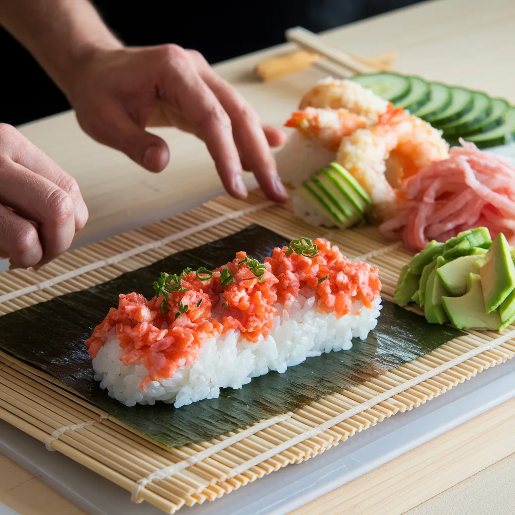 Hands spreading sushi rice onto a sheet of nori during the preparation of a Crunchy Roll.