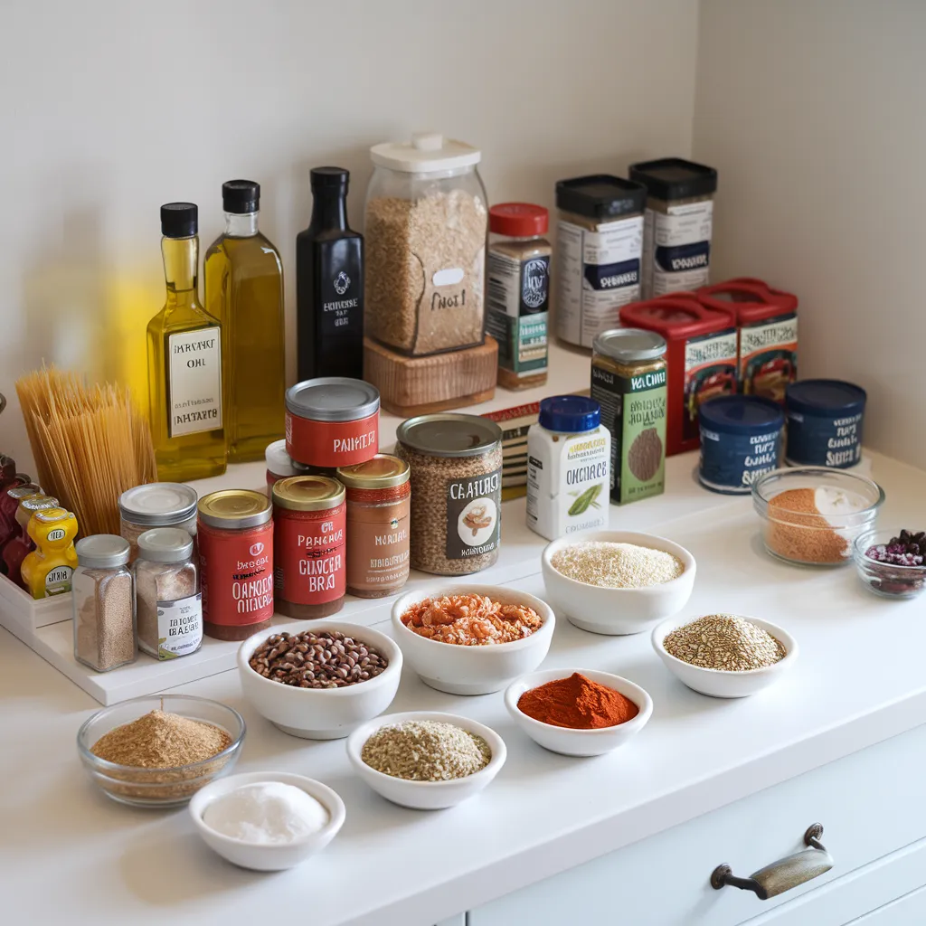 Pantry staples including pasta, rice, quinoa, canned tomatoes, beans, spices, and oils, displayed on a white countertop