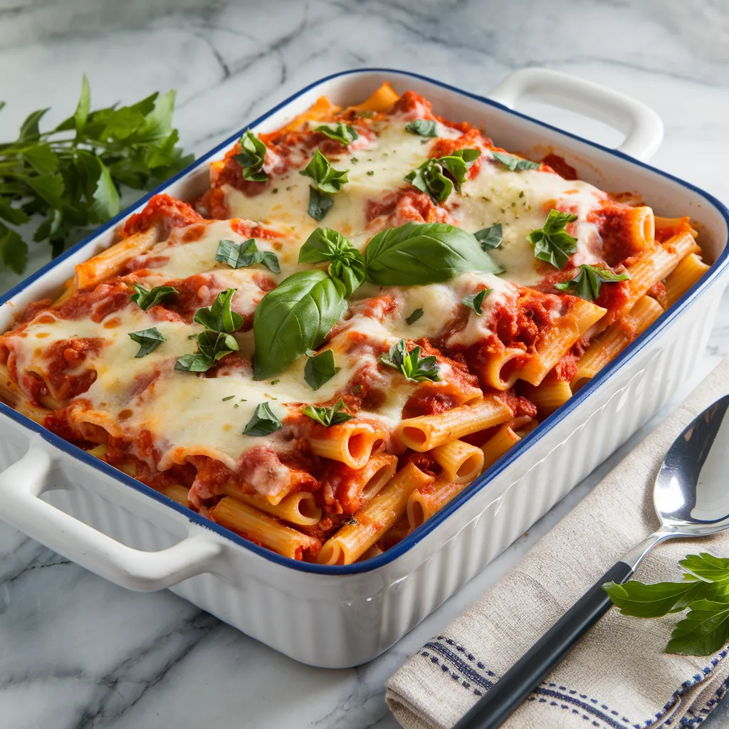 vibrant and appetizing image of a baked ziti dish in a white ceramic casserole dish