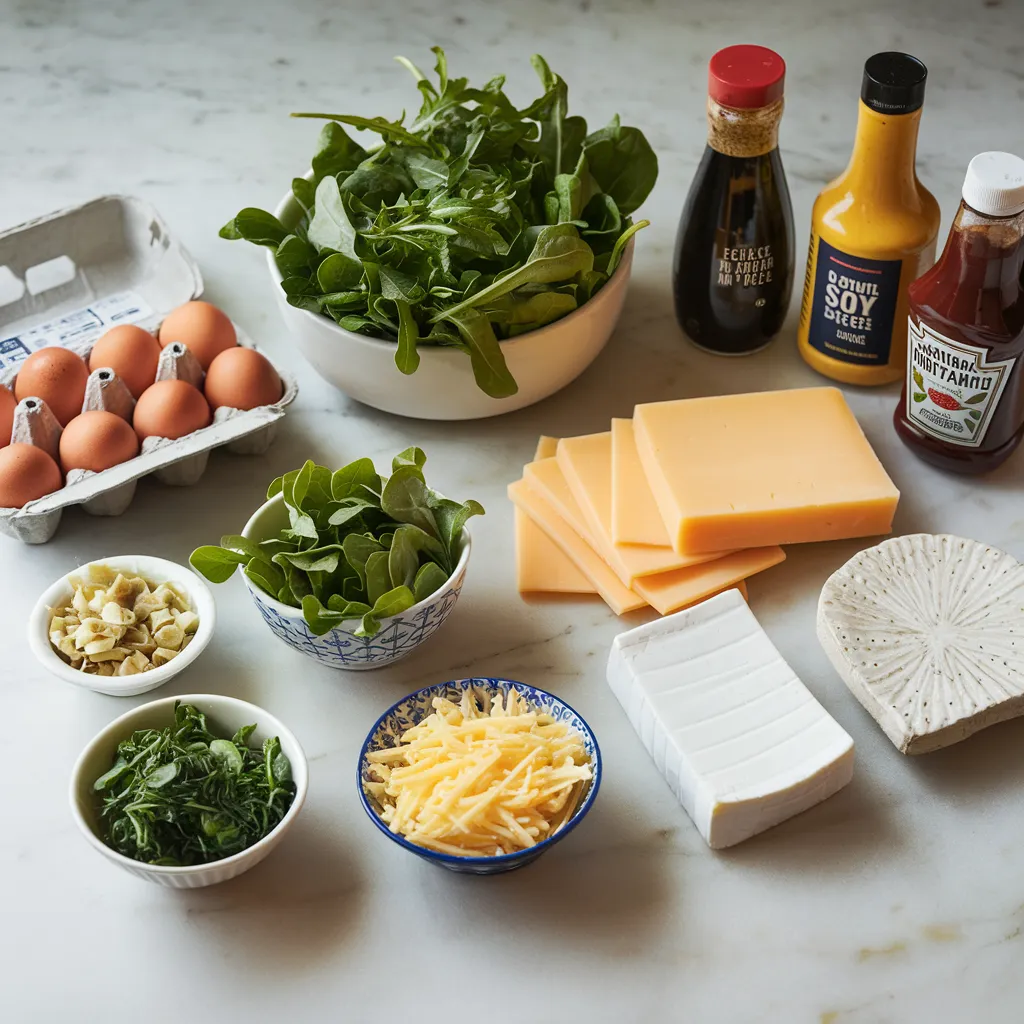 eggs, pre-washed greens, cheese, and condiments like soy sauce, mustard, and ketchup displayed on a marble countertop