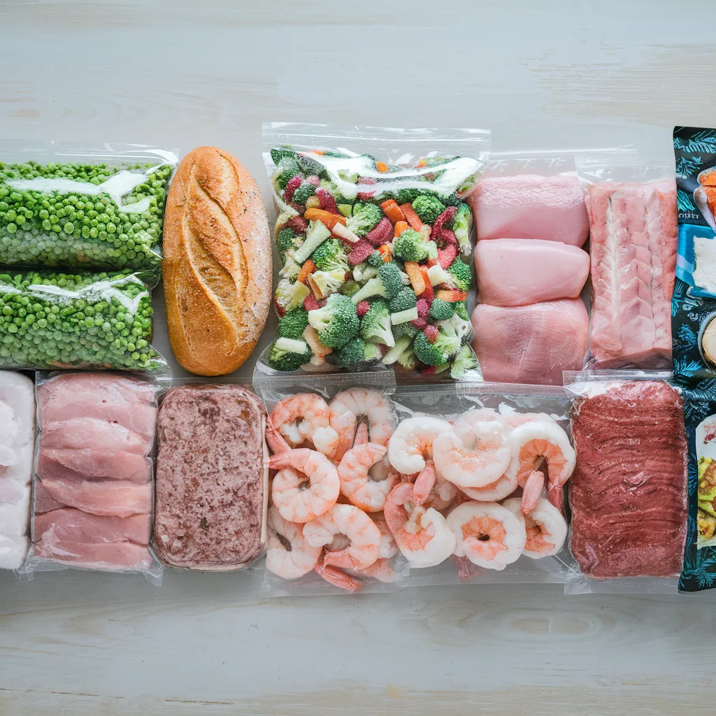 Freezer essentials including frozen vegetables, proteins like chicken and shrimp, bread, and pre-cooked meals displayed on a wooden surface