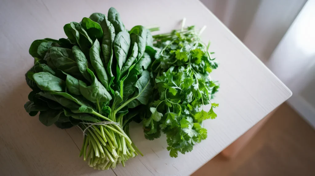 fresh spinach and cilantro