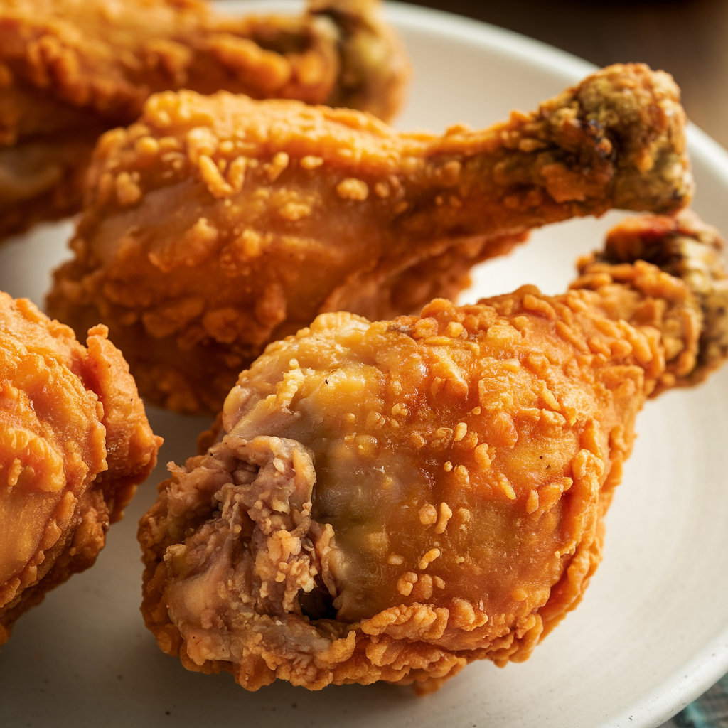 Close-up of crispy fried chicken legs on a white plate, with a golden crust and fresh parsley garnish