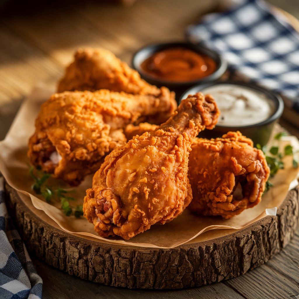 Golden-brown fried chicken legs on a rustic wooden platter, garnished with parsley and accompanied by dipping sauces.