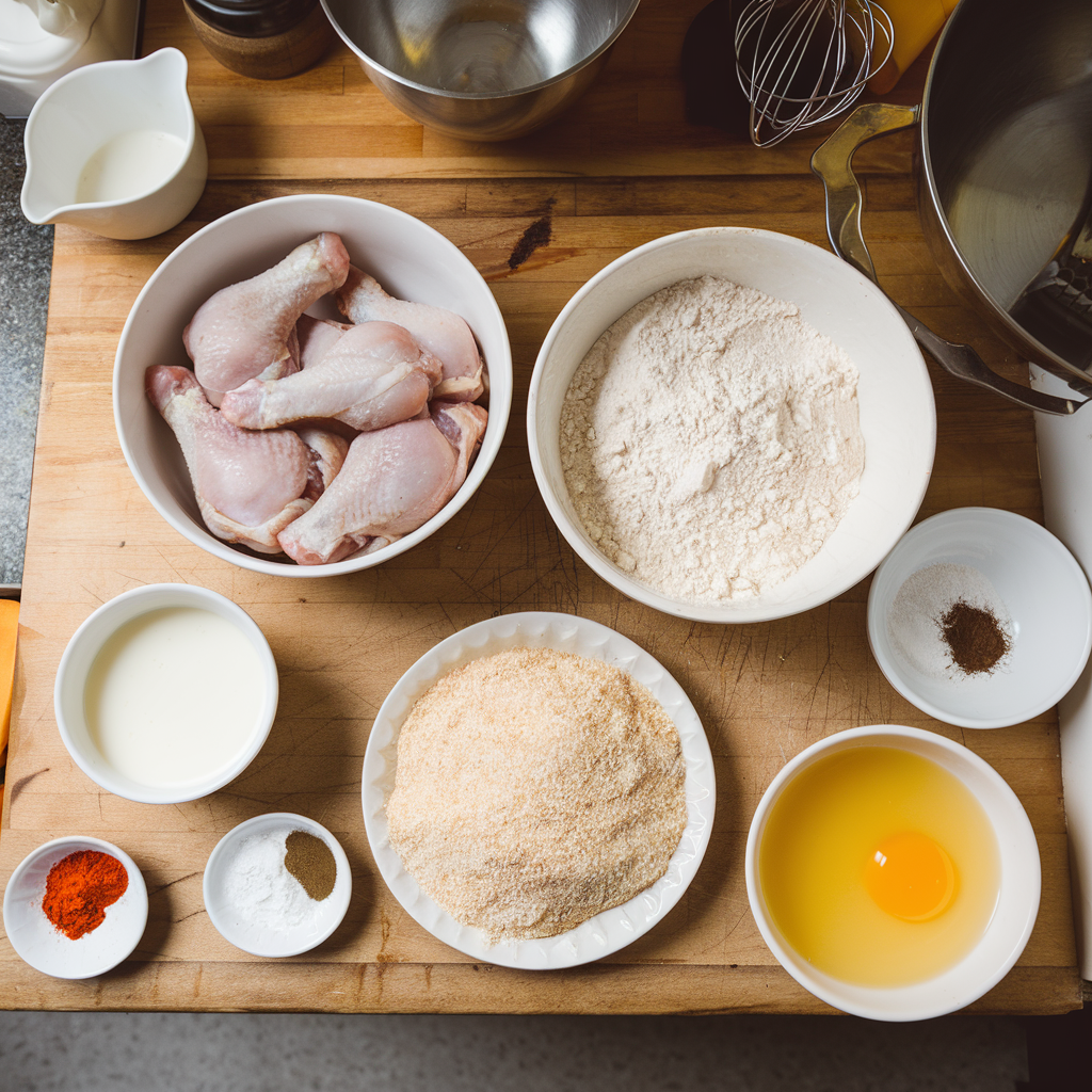 Ingredients for fried chicken legs neatly arranged on a wooden counter, showcasing each component separately.