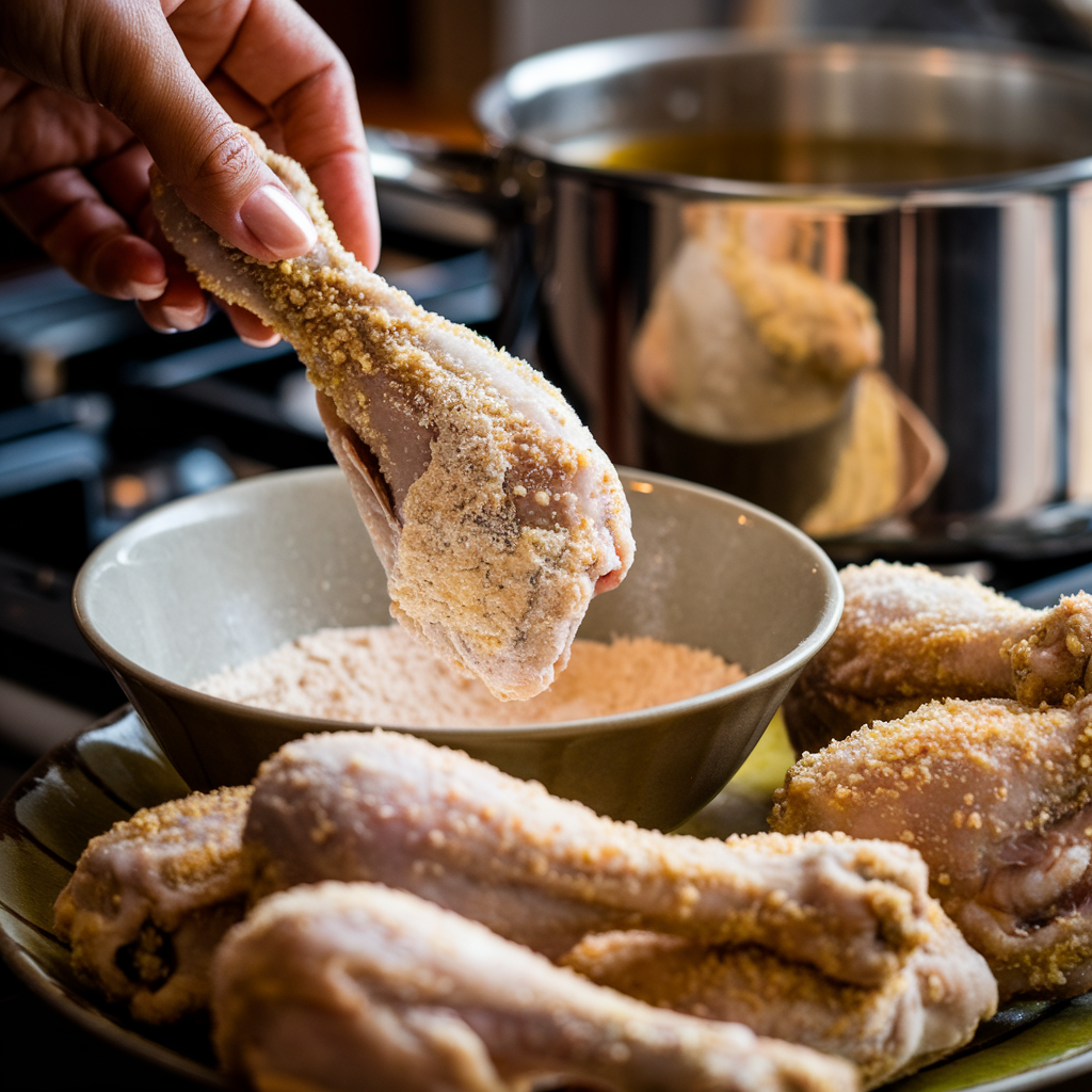 A hand breading a chicken leg in seasoned flour with other prepared chicken legs visible in the background