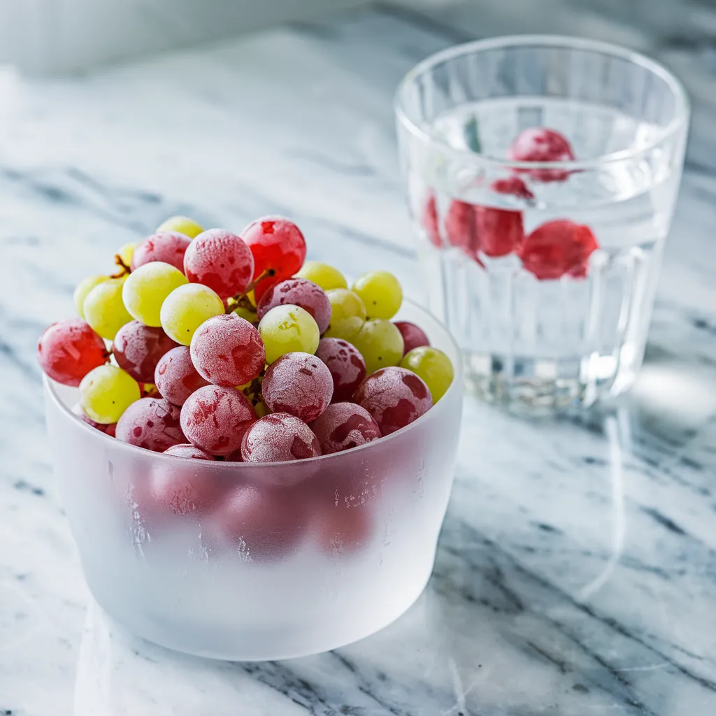 Close-up of frosty red and green frozen grapes, showing their icy texture and vibrant colors.