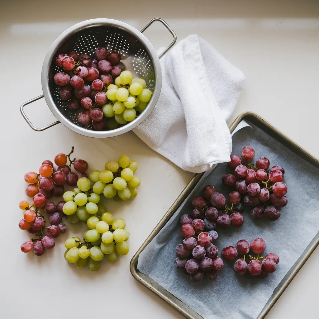 Fresh red and green grapes, a colander, a towel, and a baking sheet for freezing preparation