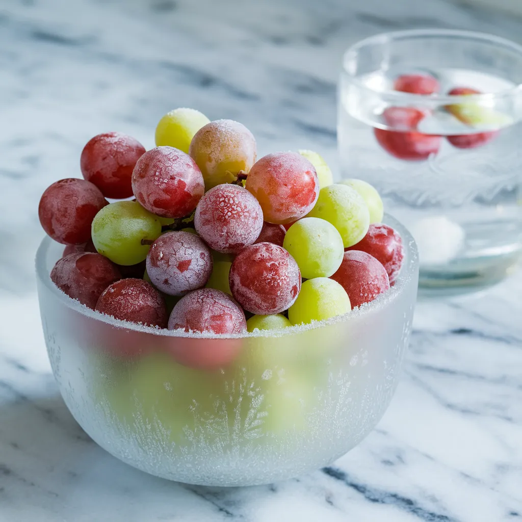 Frozen red and green grapes in a frosted glass bowl, with a glass of water in the background