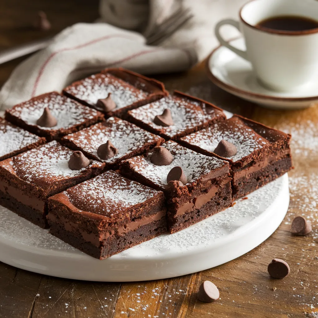 Ghirardelli brownies with glossy tops and a gooey chocolate cente