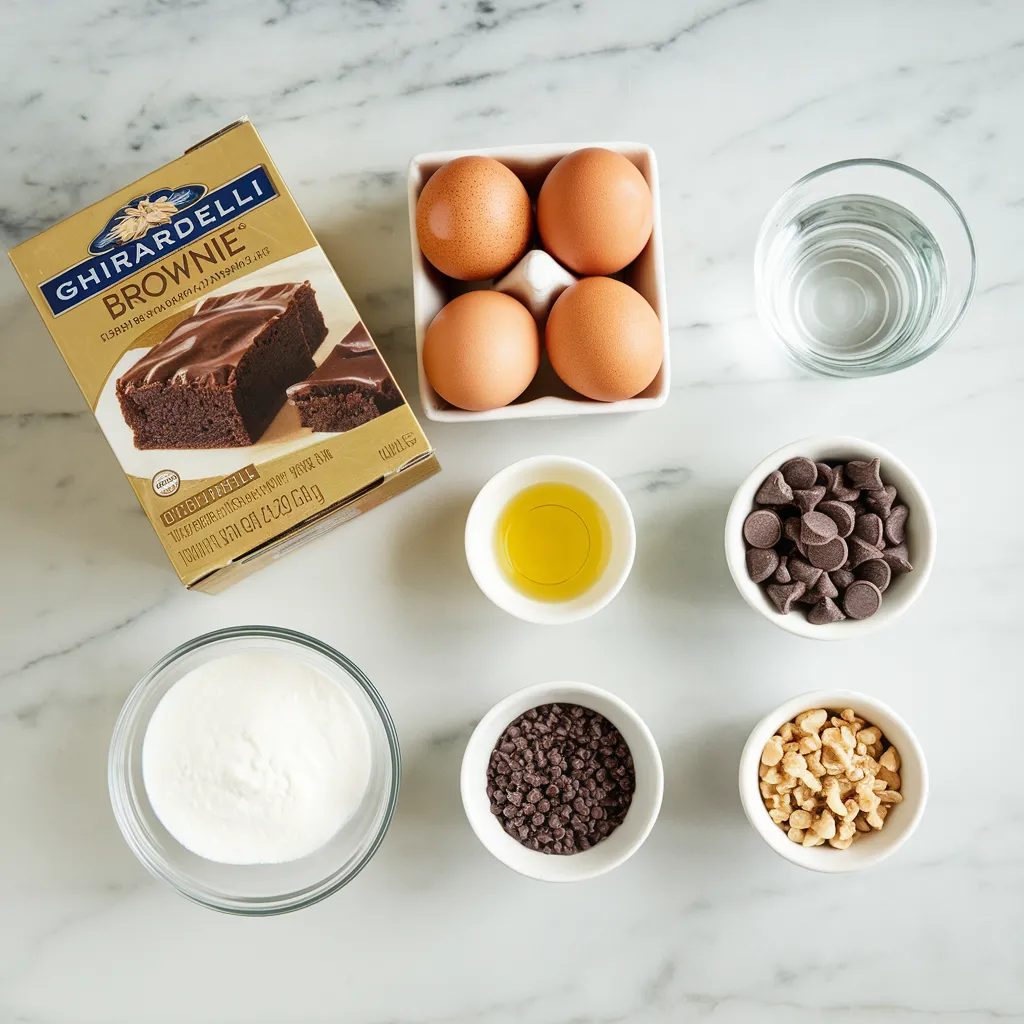 A clean and organized top-down view of ingredients for Ghirardelli brownies, featuring a box of brownie mix, eggs, oil, water, and optional toppings like chocolate chips and nuts, arranged neatly on a marble surface