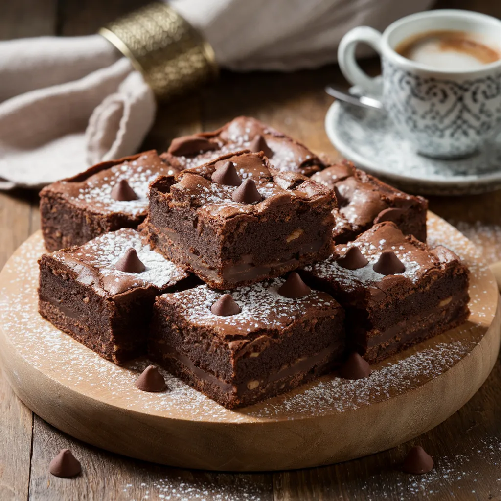 Freshly baked Ghirardelli brownies cut into squares, garnished with powdered sugar and chocolate chips