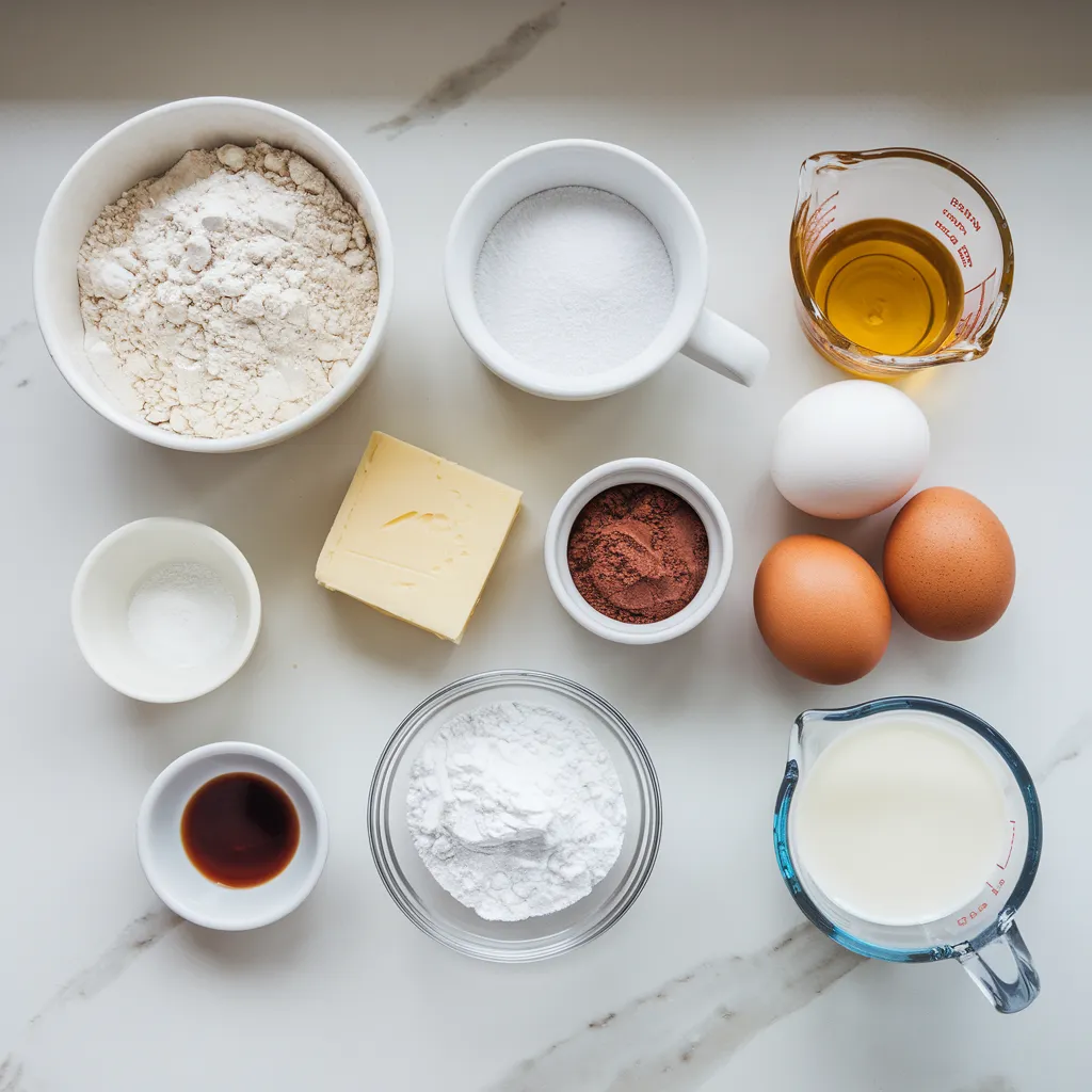 Ingredients for glazed chocolate donuts arranged on a white marble surface in small bowls